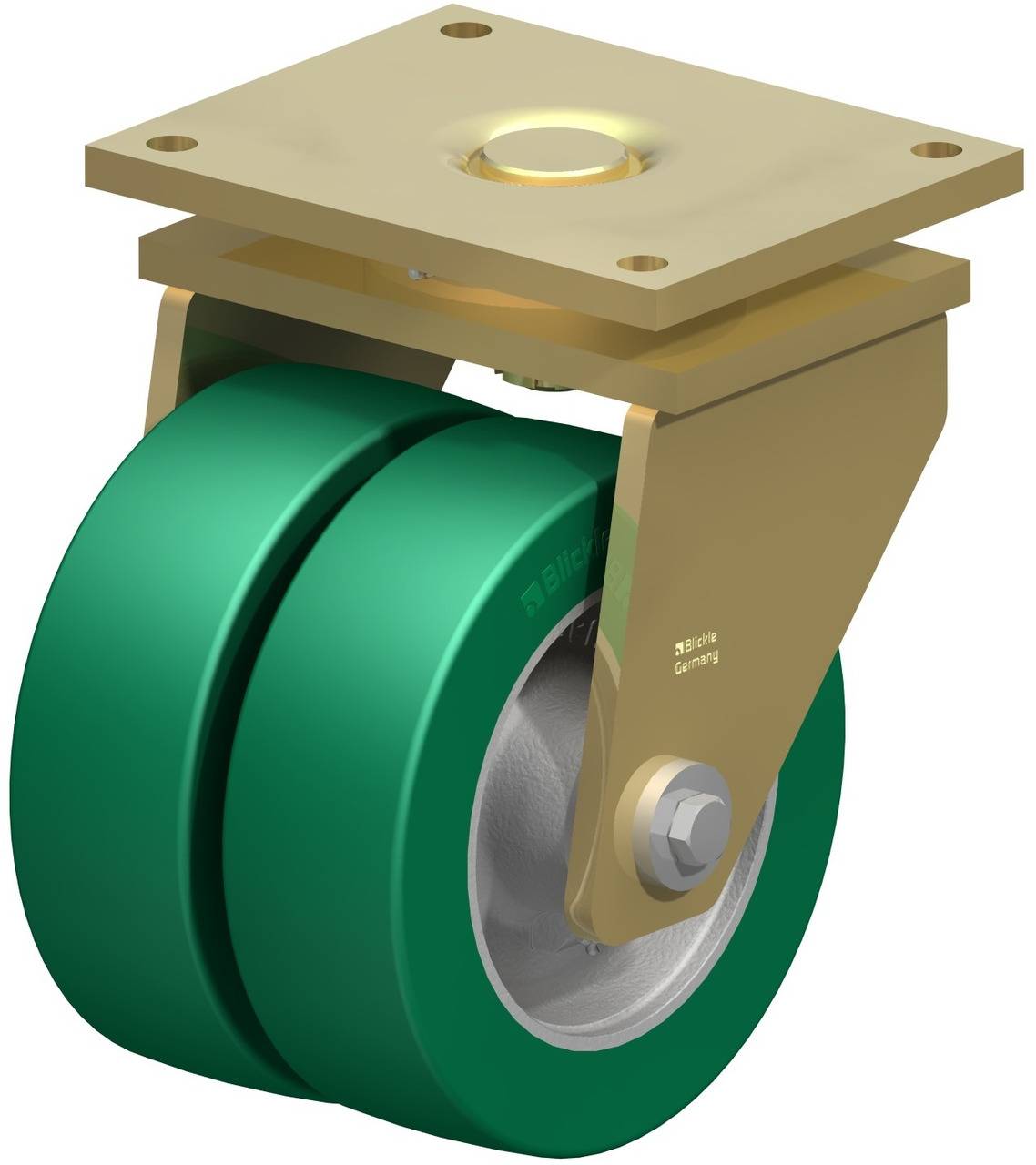 Zwillingsrolle mit grünem Rad und goldener Halterung, geeignet für schwere Lasten. Ideal für industrielle Anwendungen.