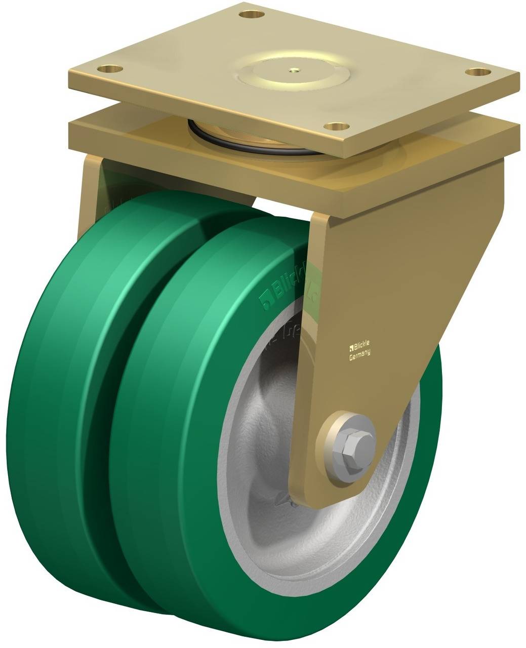 Doppelrolle mit grünem Rad und goldfarbenem Halterungssystem, geeignet für die Befestigung an Möbeln oder Maschinen zur Mobilität.
