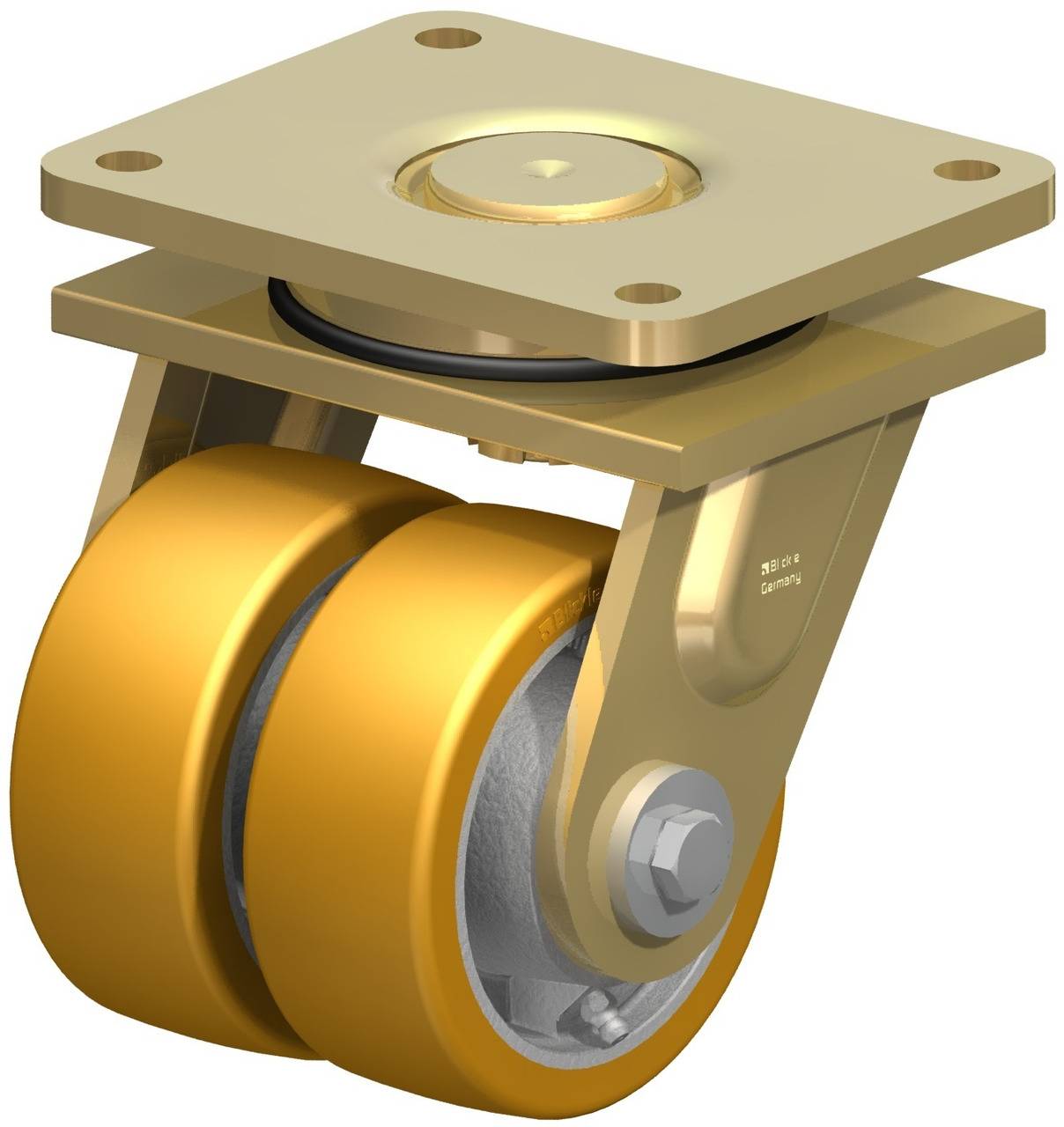 Metallisches Schwerlast-Lenkrollenrad mit doppelten goldfarbenen Rädern und rechteckiger Montageplatte.