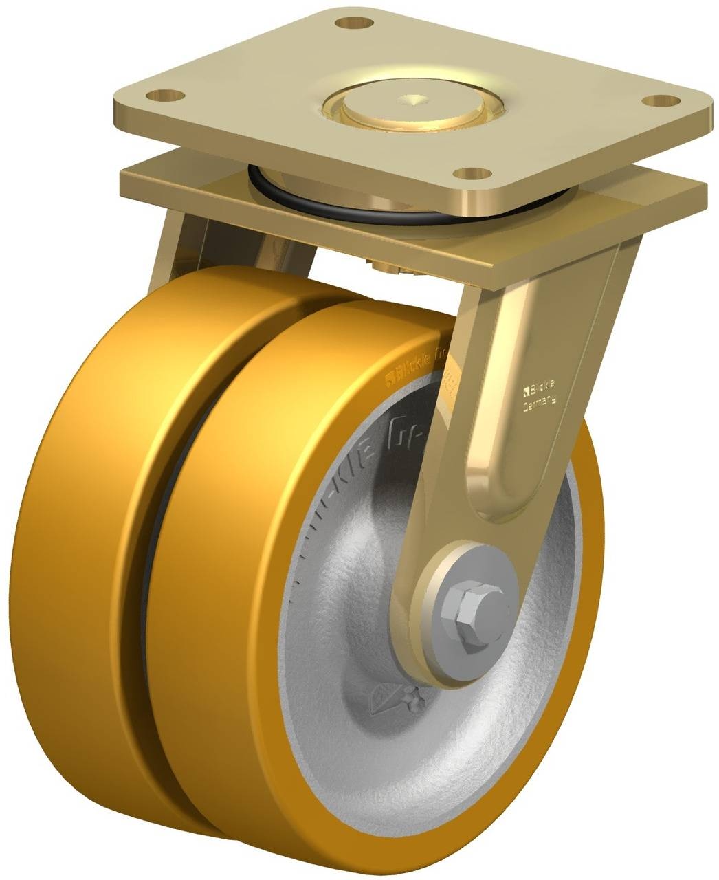 Gelbes Doppellaufrad mit Metallplatte, das zur Befestigung an Maschinen oder Möbeln dient; zeigt robuster Industrie-Look und Funktionalität.