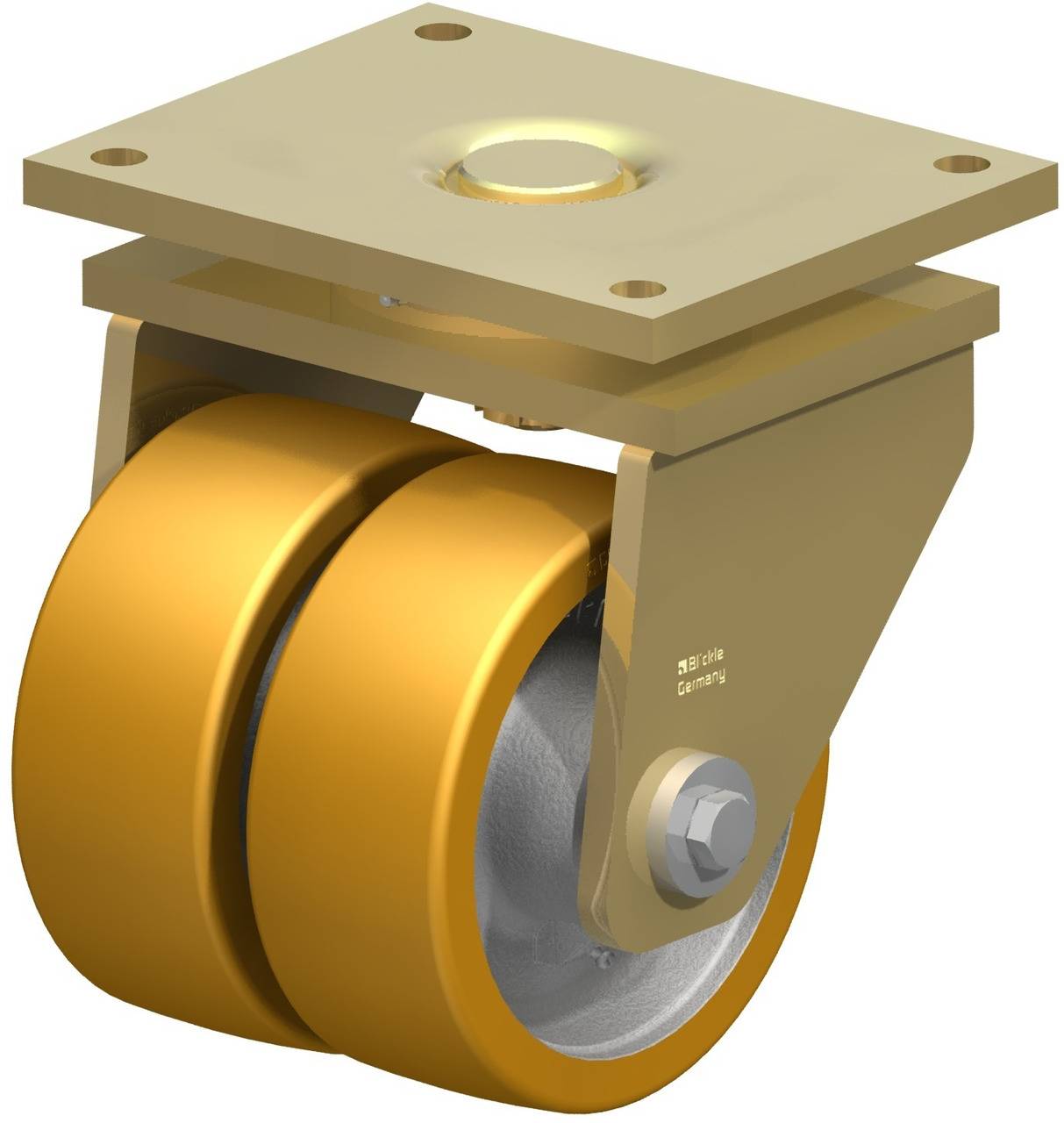 Ein gelber Doppel-Lenkrollen mit einer Metallhalterung, geeignet für schwere Lasten und industrielle Anwendungen.