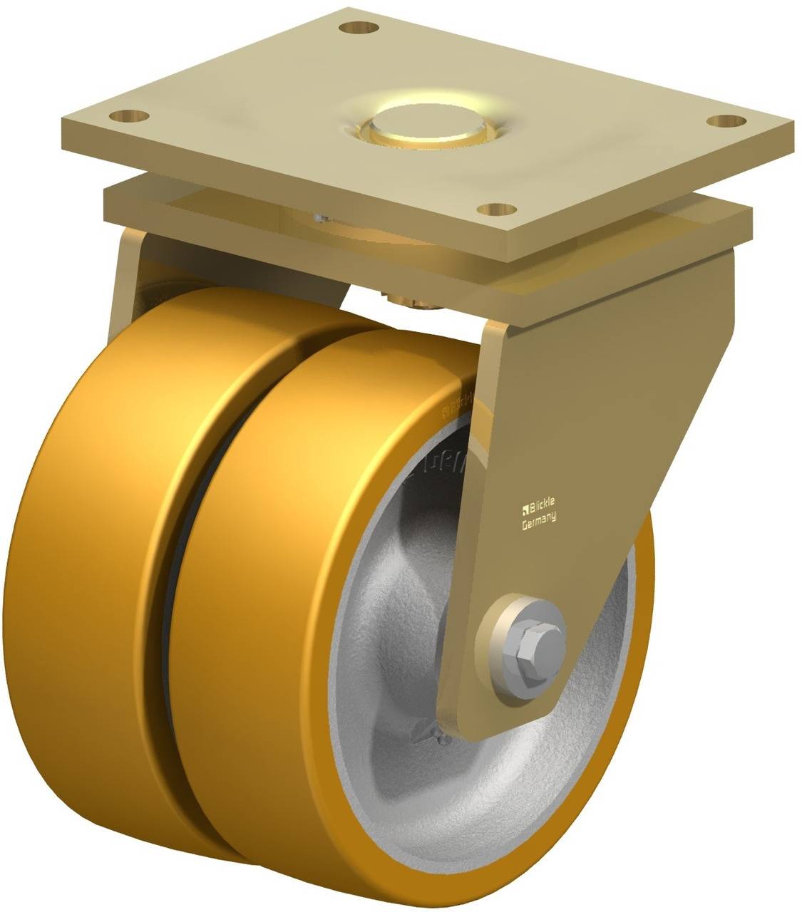 Doppelte Schwerlastrolle in Gold mit quadratischer Montageplatte und zwei parallel angeordneten Rad-Einheiten.
