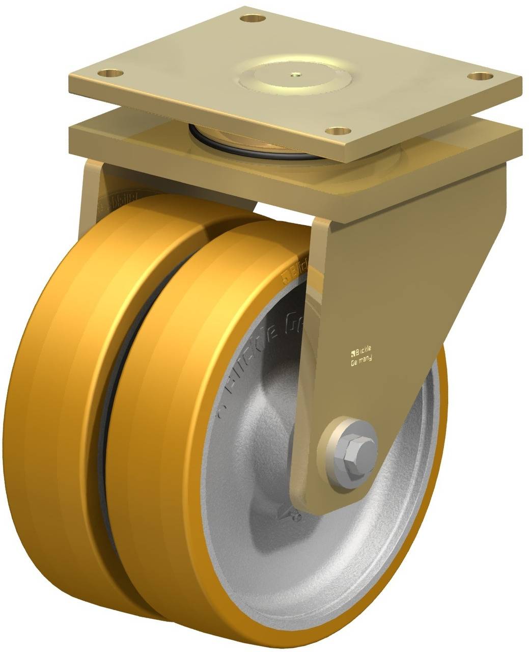 Industrielles Doppelrad, gelb, mit Metallrahmen, geeignet für schwere Lasten.