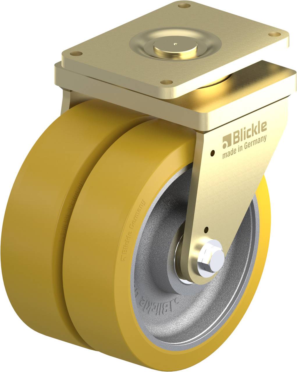 Gelbes, doppelläufiges Rad mit Metallhalterung, Aufschrift 'Blickle made in Germany' auf der Halterung.