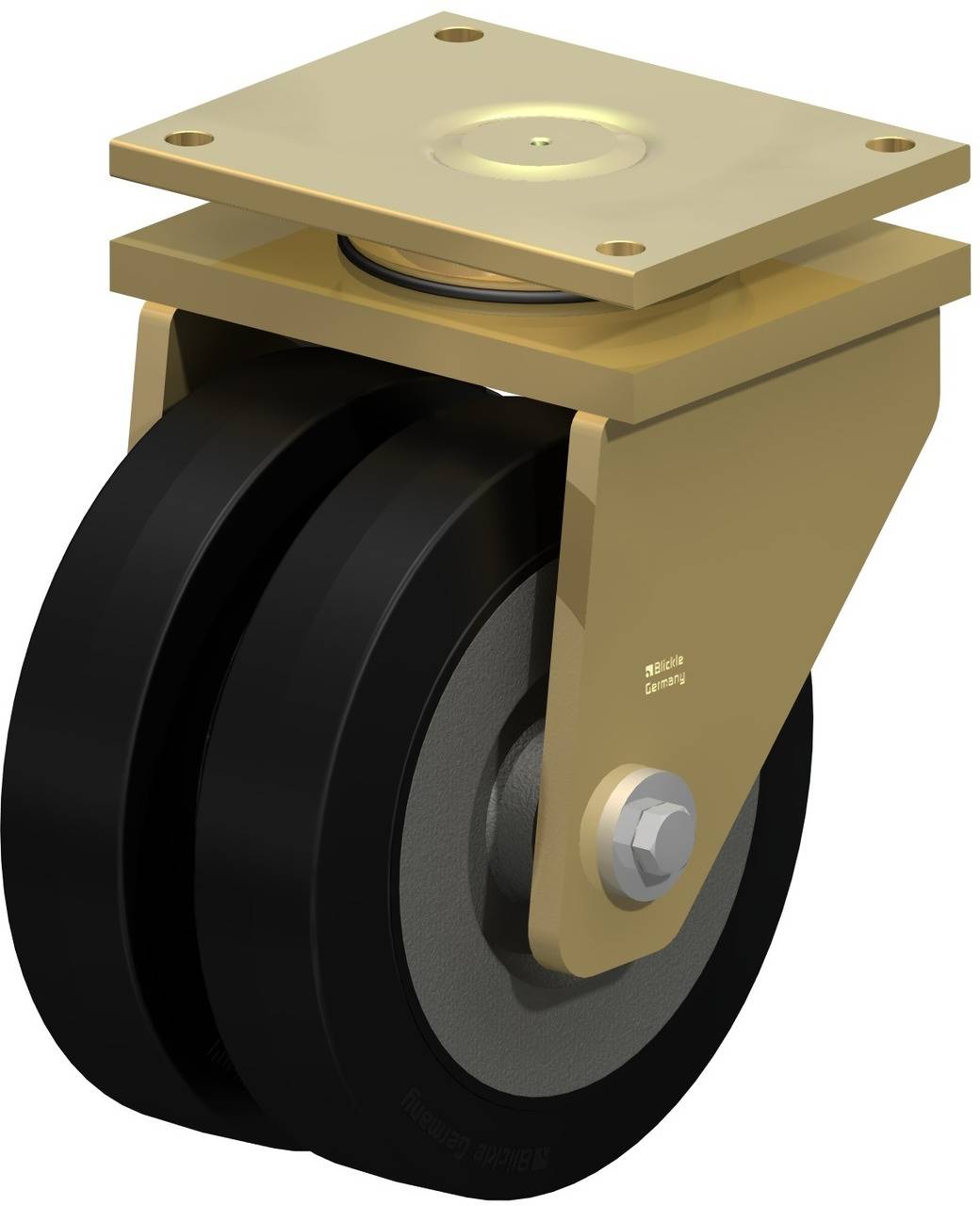 Ein doppelt ausgestattetes Schwerlastlaufrad aus schwarzem Material mit einer goldenen Befestigungsplatte und Achsmutter.