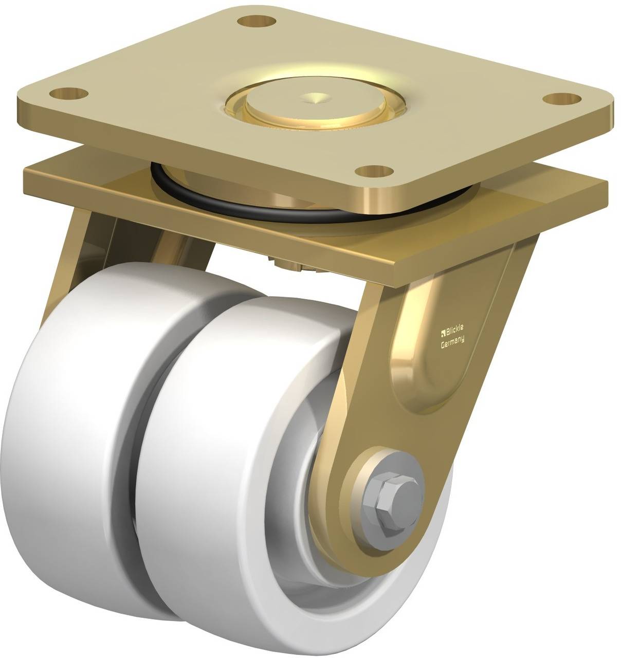 Doppelrolle aus Metall und Kunststoff mit quadratischer Montageplatte, oft bei Möbeln oder Geräten zur leichten Bewegung verwendet.