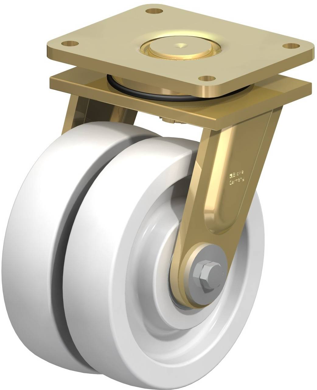 Ein goldfarbenes Schwerlast-Schwenkrolle mit weißem Rad, geeignet für Industriemöbel oder Transportwagen.