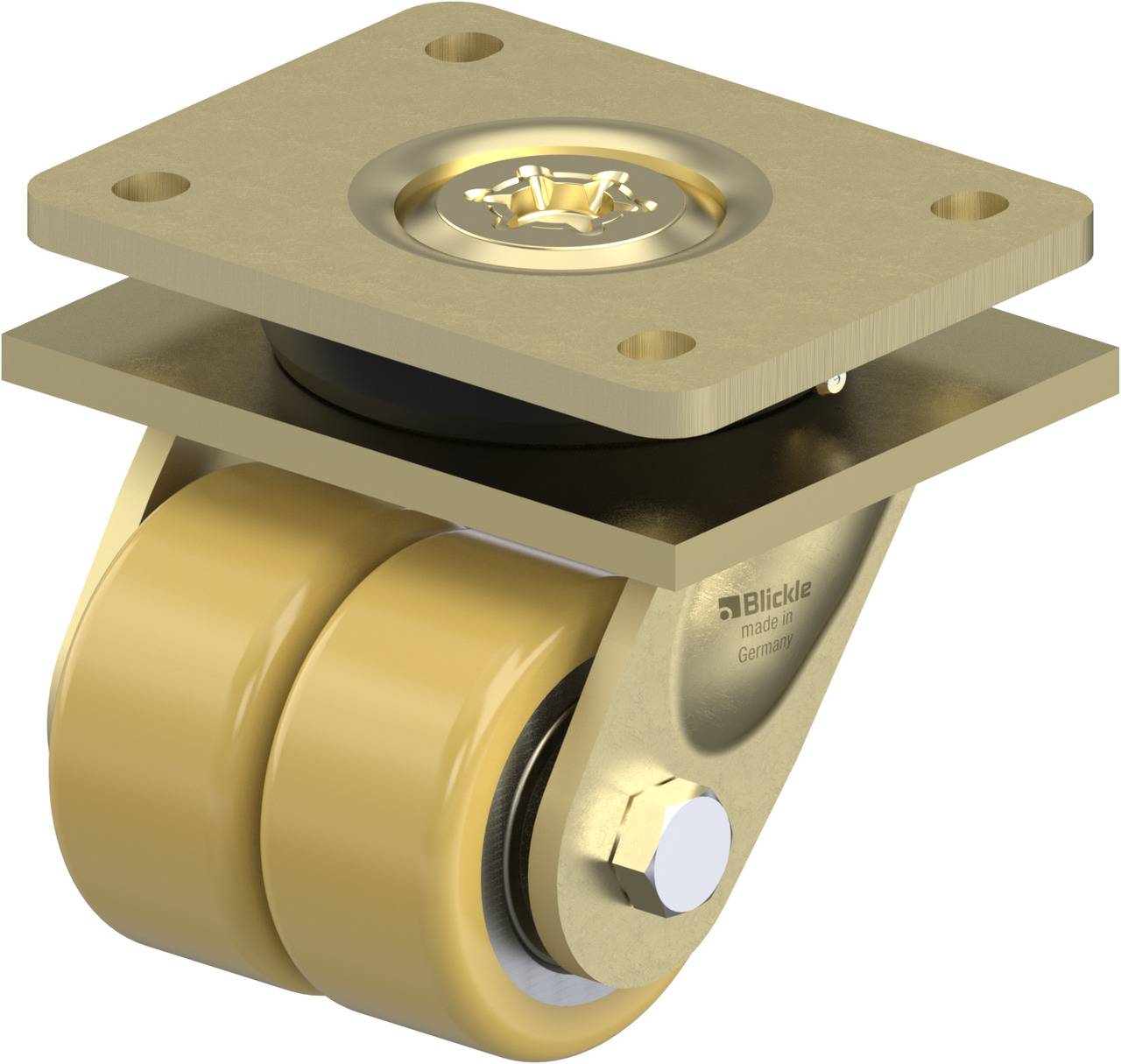 Doppelrolle mit Metallplatte, geeignet für Möbel oder Wagen, in beige-goldener Farbe, robustes Design, für gleichmäßige Mobilität.