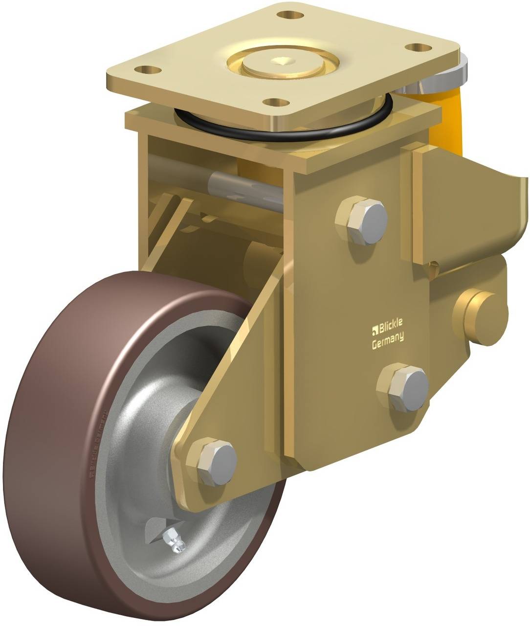 Industrie-Schwenkrolle mit stabilem, drehbarem Gehäuse aus Metall und Gummirad, geeignet für schwere Geräte oder Maschinen.