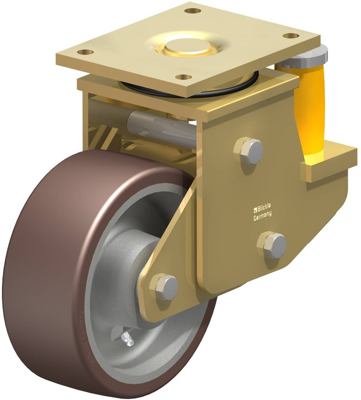Schwenkrolle aus Metall mit braunem Rad, gelbem Stoßdämpfer und Befestigungsplatte, geeignet für schwere Lasten und industrielle Anwendungen.