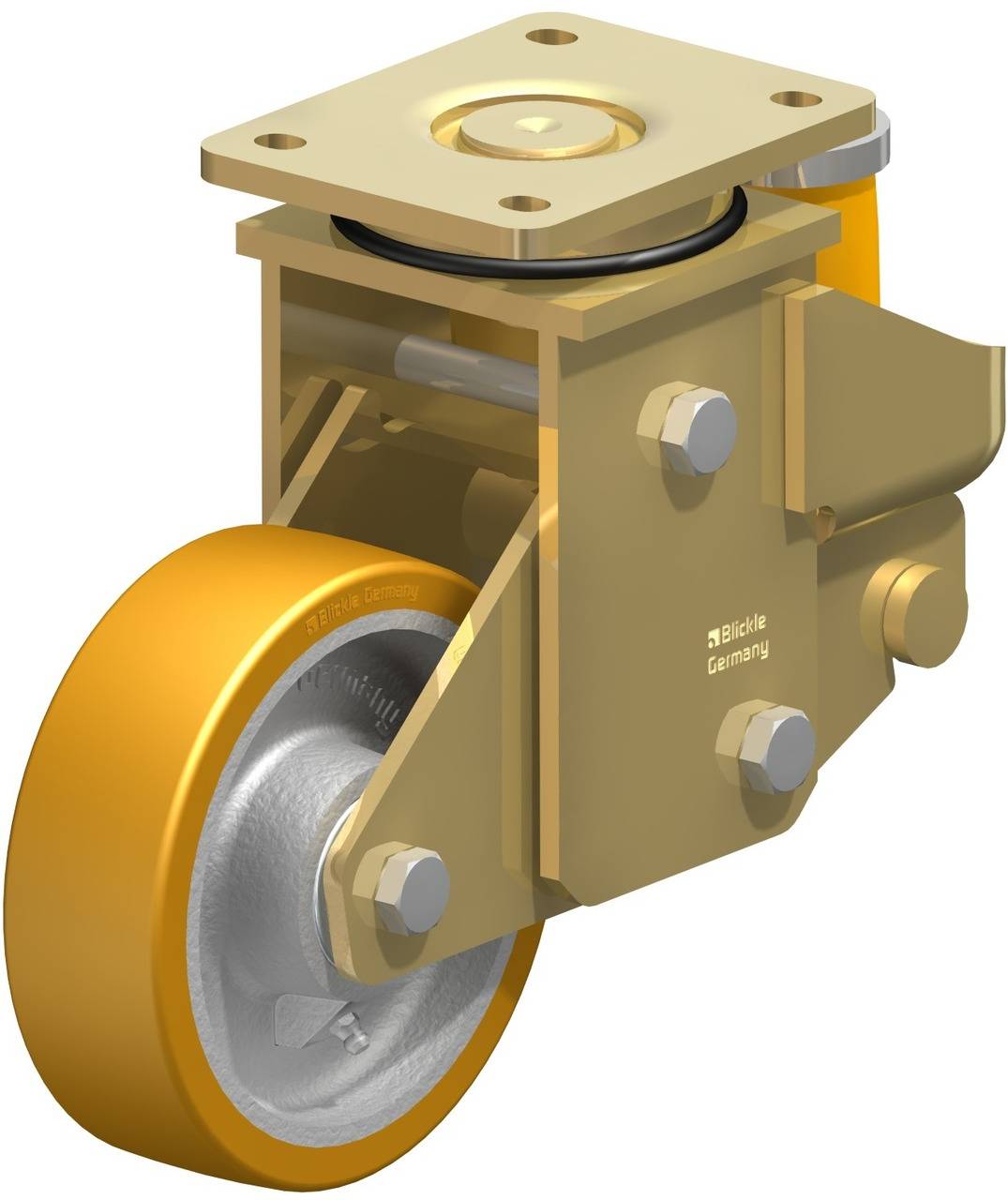 Schwenkrolle mit gelbem Rad aus Metall. Sichtbar sind Platte, Achse und seitliche Schrauben. Verwendung in industriellen Anwendungen.