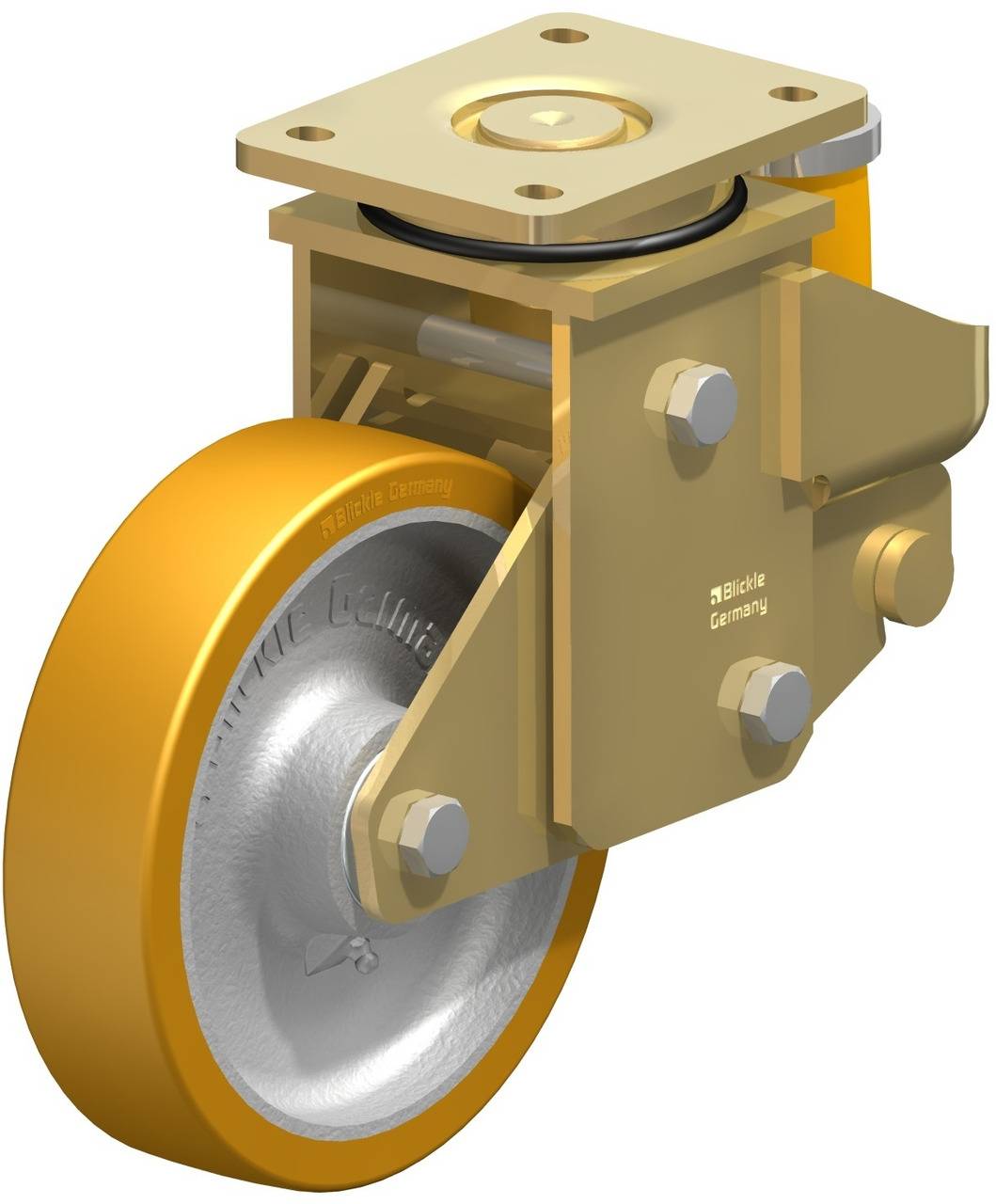 Diese Abbildung zeigt eine goldfarbene Lenkrolle mit einem silbernen Rad und Befestigungselementen, geeignet für industrielle Anwendungen.