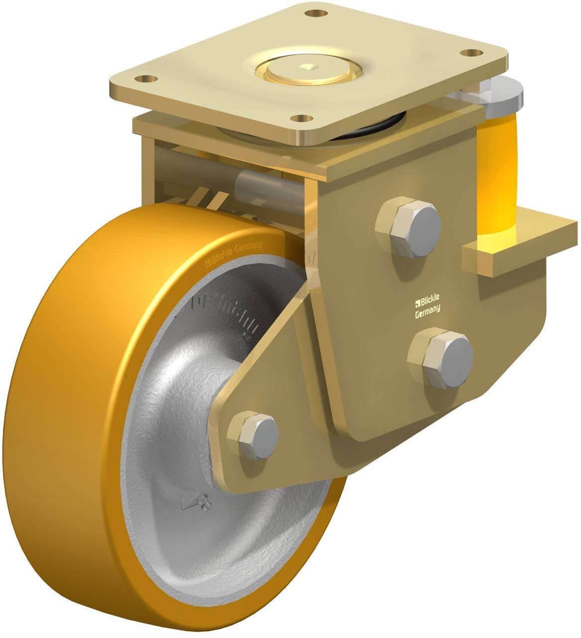 Industrie-Rad in Gold- und Silbertönen, montiert auf einem Gehäuse mit Schrauben. Hauptsächlich für schwere Lasten geeignet.