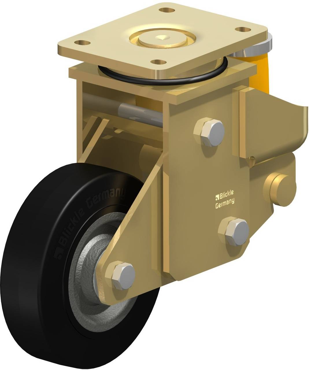 Gefederte Transport-Lenkrolle mit schwarzem Rad und goldfarbenem Gehäuse, geeignet für industrielle Anwendungen.