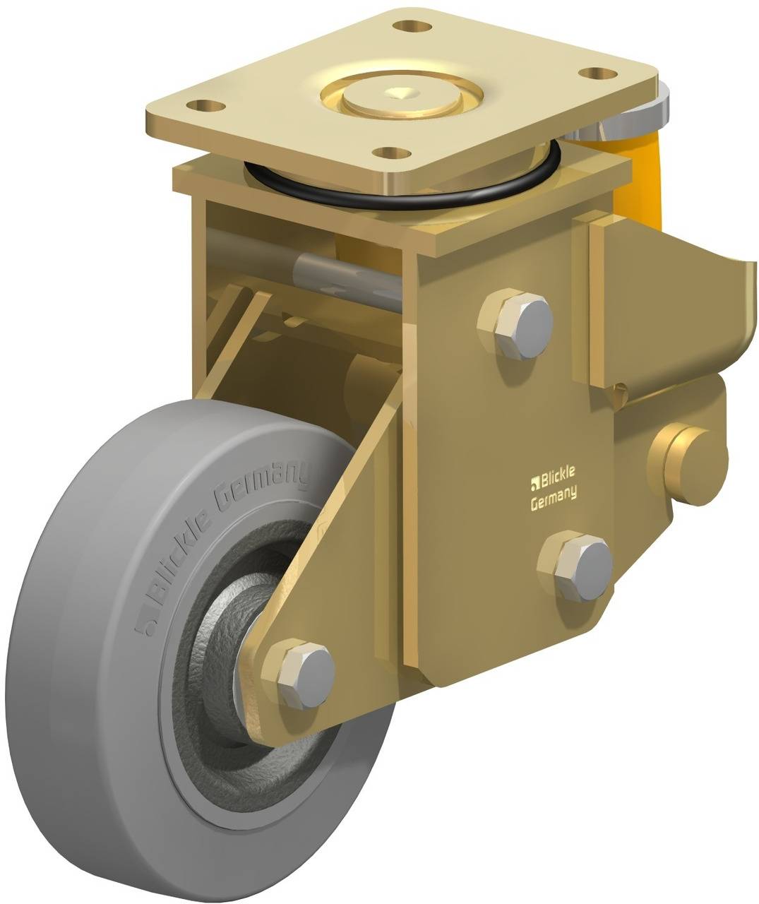 Industrielles Schwenkrollenmodell mit grauem Rad, goldener Befestigung und Federdämpfung. Entwickelt für schwere Lasten und vielseitige Beweglichkeit.