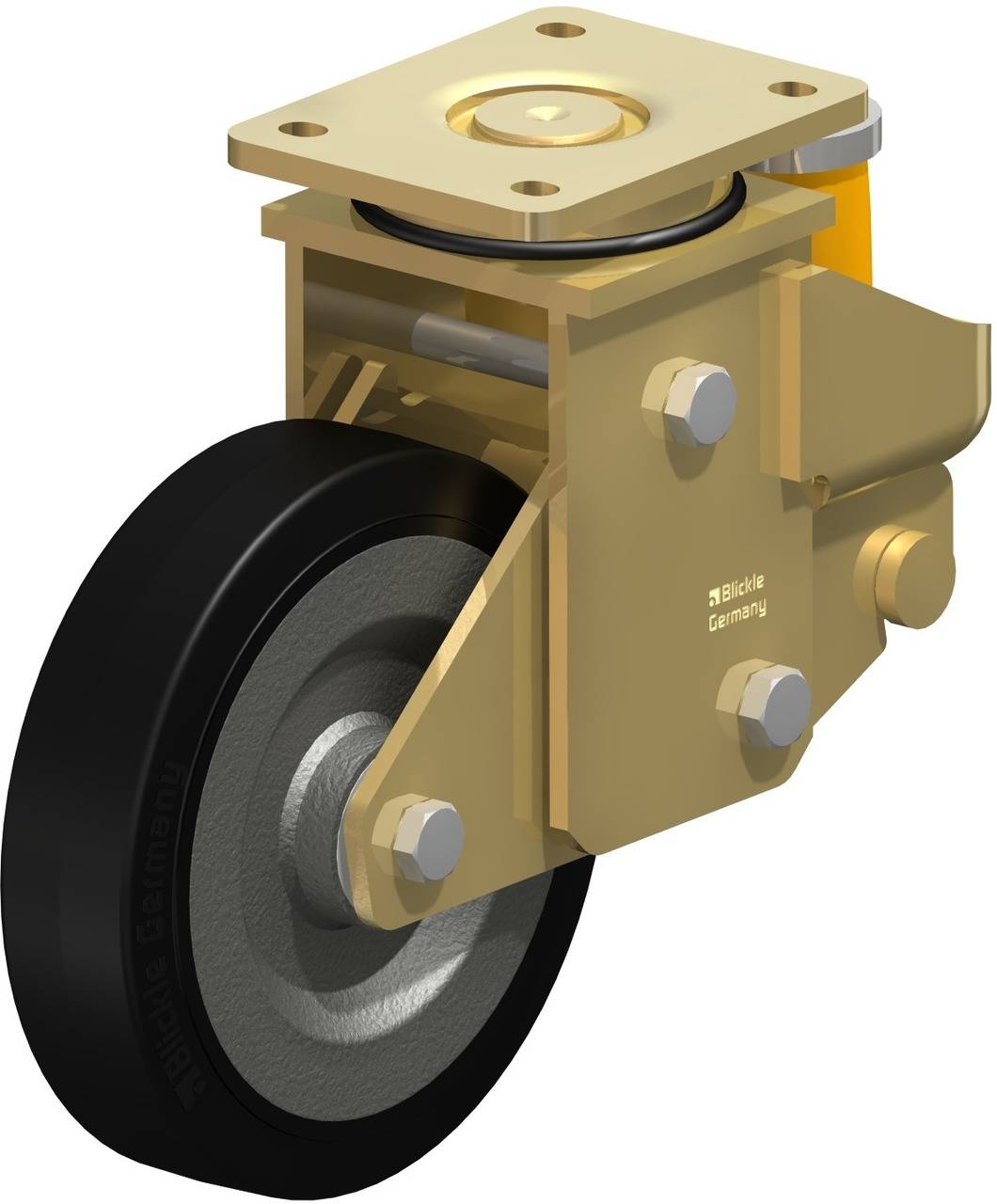 Industrie-Schwenkrolle aus Metall mit schwarzem Gummirad und Montagehalterung, geeignet für schwere Lasten und industrielle Anwendungen.