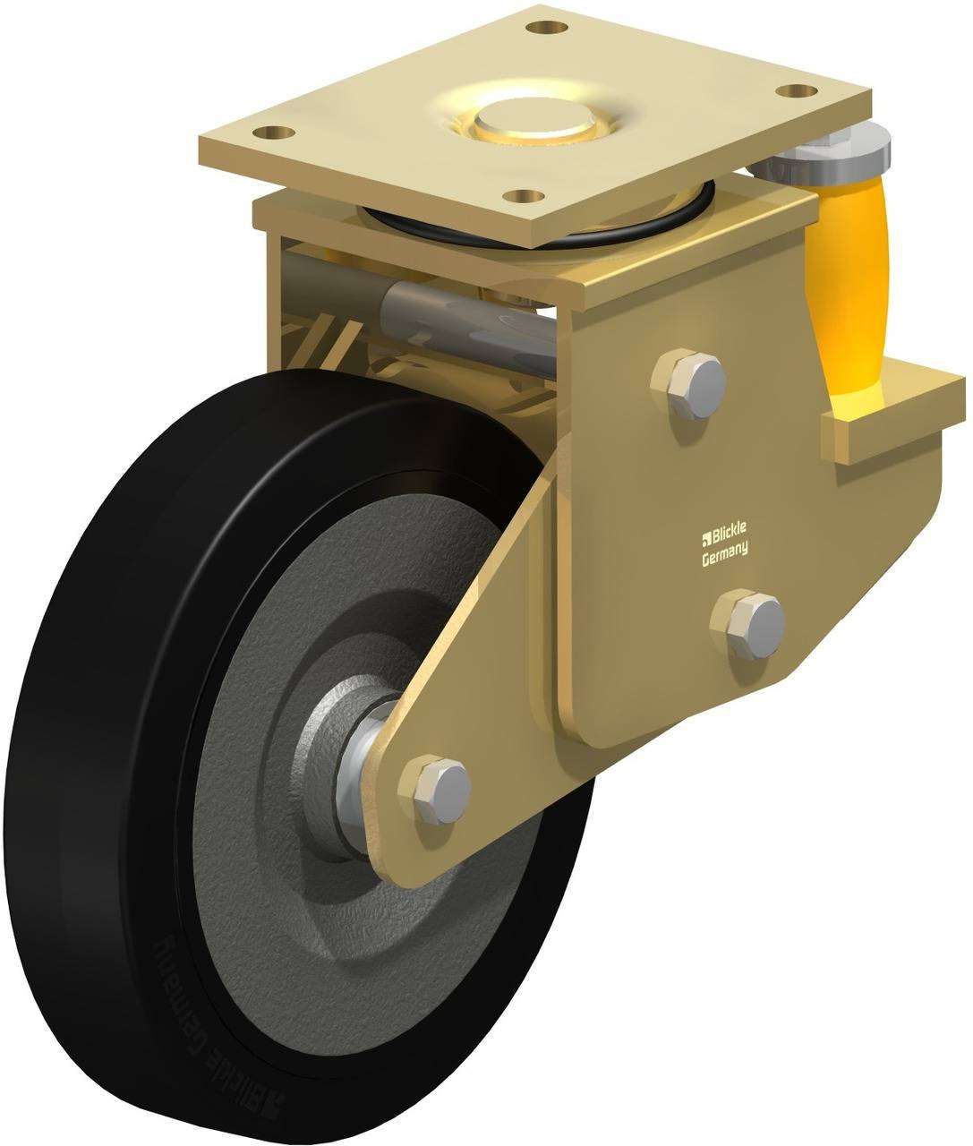 Drehradesign mit gelbem Gehäuse und schwarzem Rad, montiert an einem Befestigungsrahmen, zeigt Befestigungs- und Drehmechanismus.