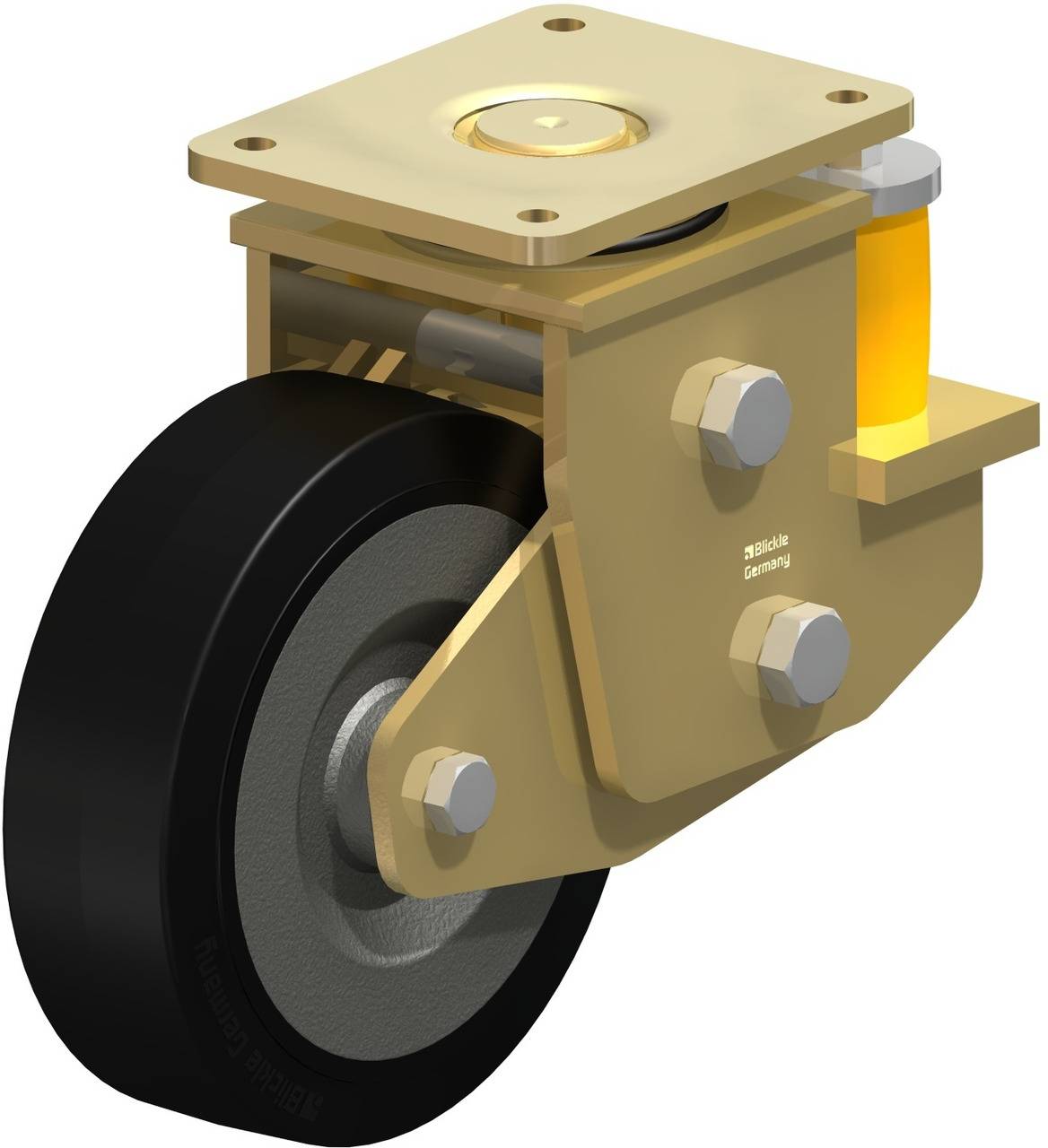 Ein robustes Radmodul mit goldfarbenem Gehäuse und schwarzem Rad, geeignet für schwere Lasten, seitlich mit Befestigungselementen.