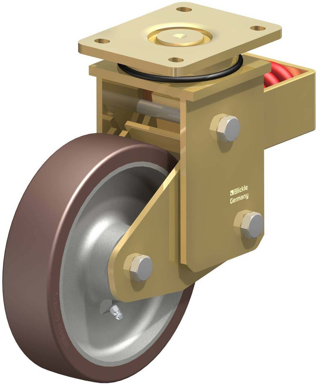 Schwenkrolle aus Metall mit braunem Rad und Befestigungsplatte, geeignet für schwere Lasten. Markiert mit 'Blickle Germany'.