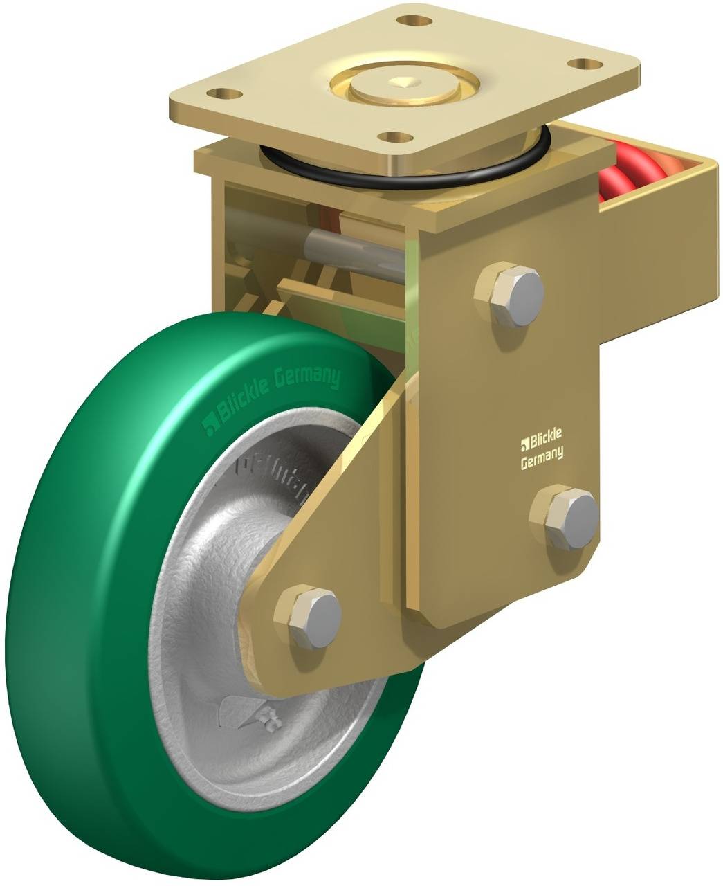 Lenkrolle mit grünem Rad und goldenem Gehäuse, geeignet für schwere Lasten in industriellen Anwendungen.