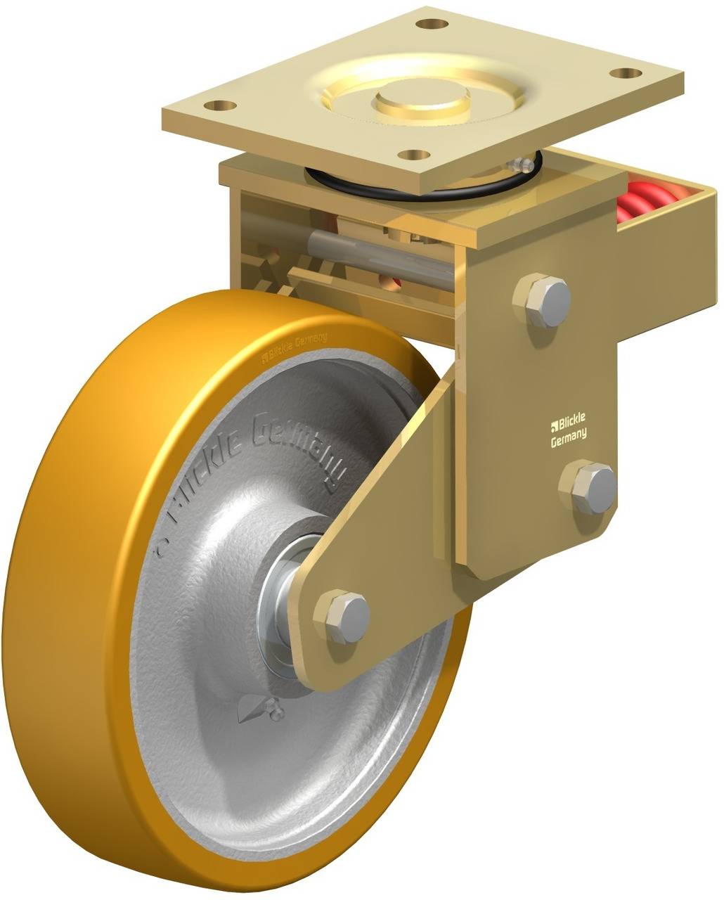 Eine gelbe industrielle Schwerlastrolle mit Vierkantaufnahme und sichtbarer Federmechanik, geeignet für Maschinen und schwere Geräte.