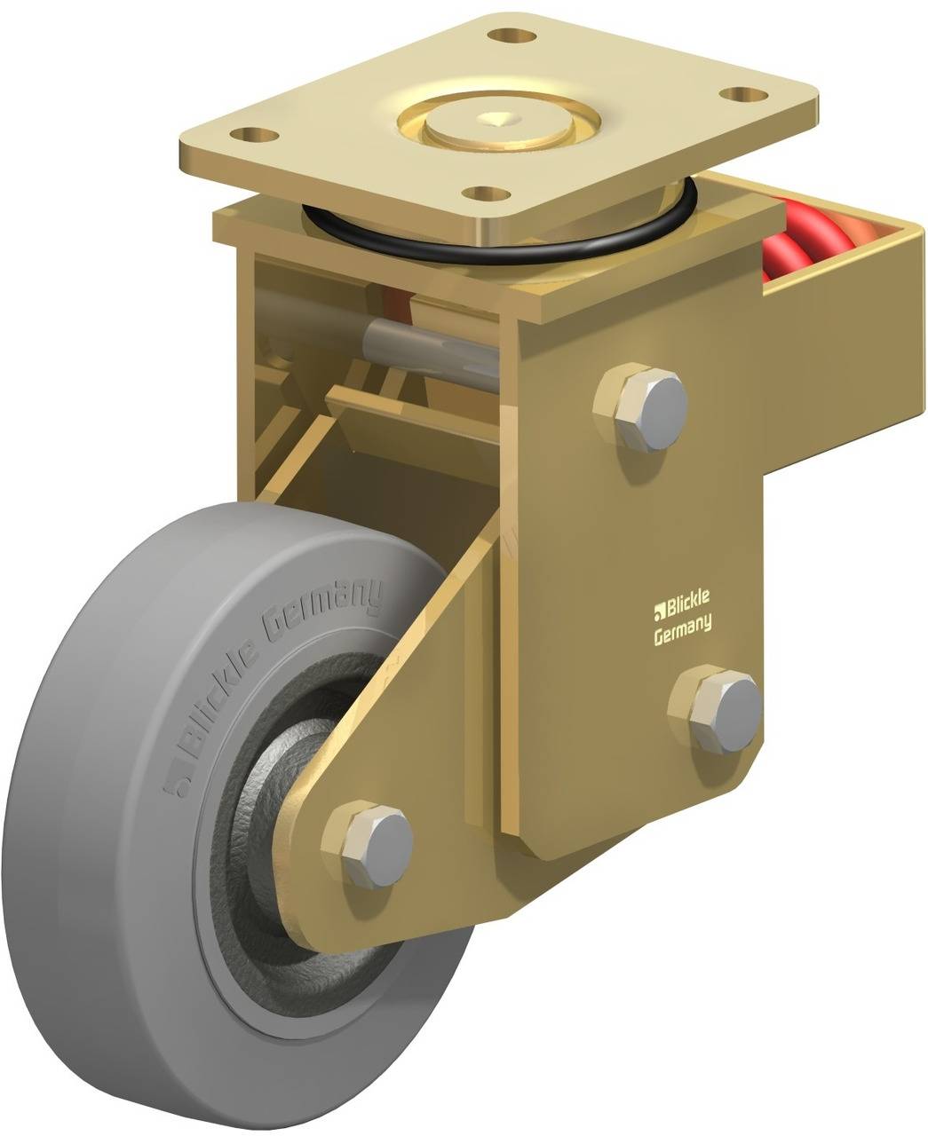 Gelenkrad aus Metall mit grauer Gummireifen, für schwere Lasten geeignet. Ideal für Industriegeräte oder Transportwagen.