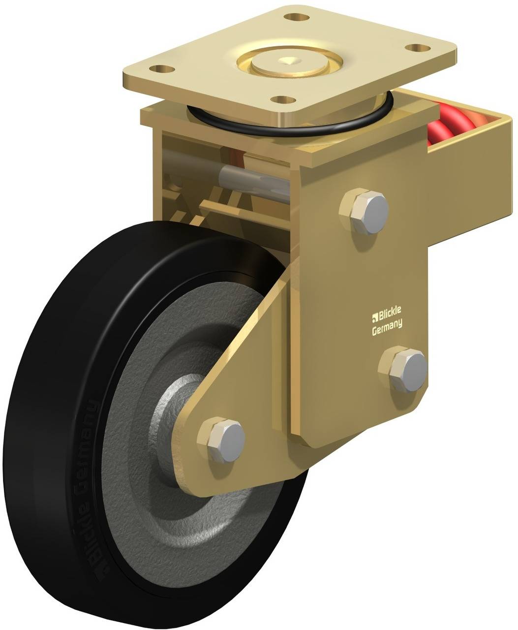 Drehbares Rad mit schwarzem Reifen, befestigt an einem goldfarbenen Gehäuse mit zwei Schrauben.