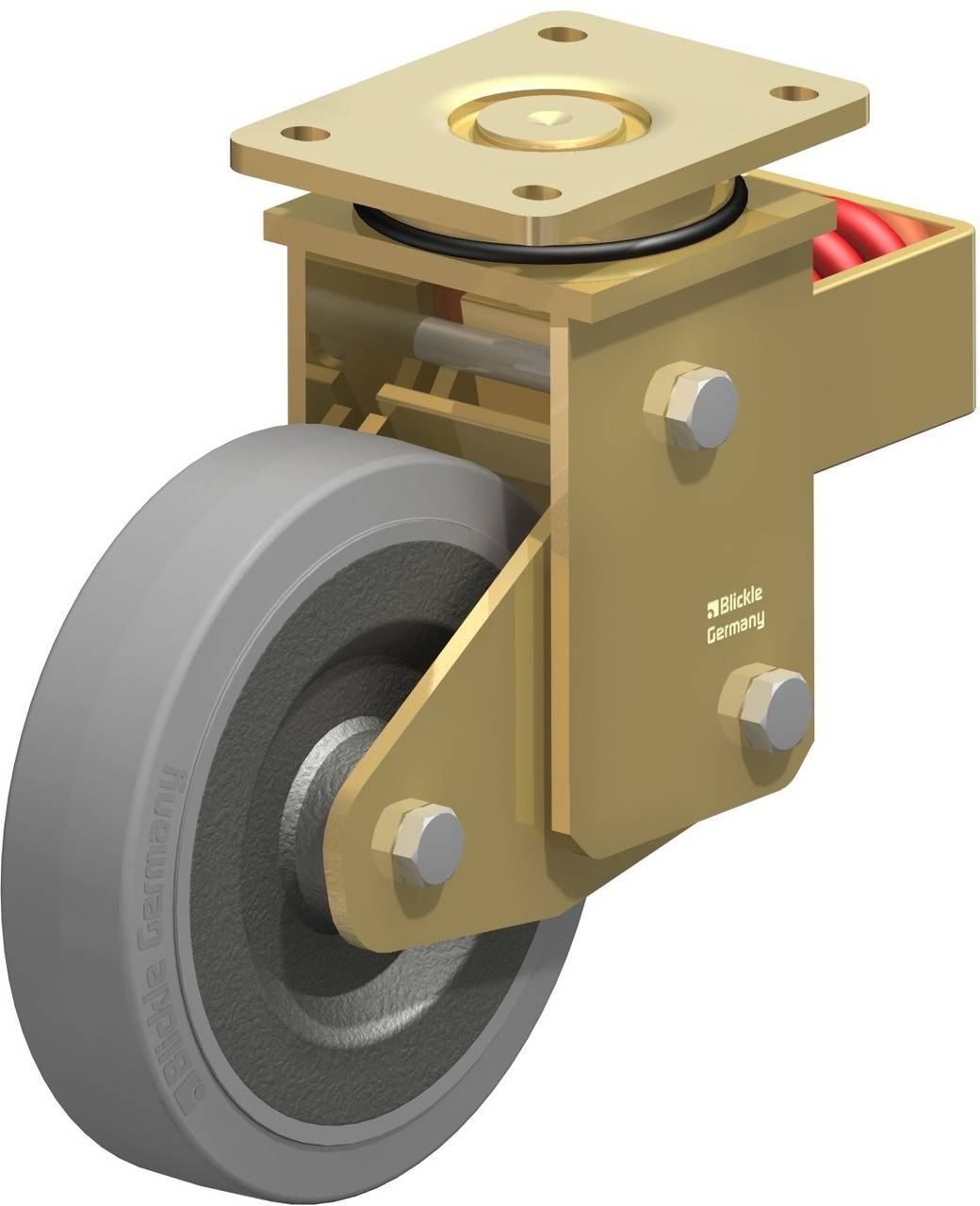 Schwenkbares Rad mit goldener Halterung und roten Federn. Geeignet für industrielle Anwendungen.