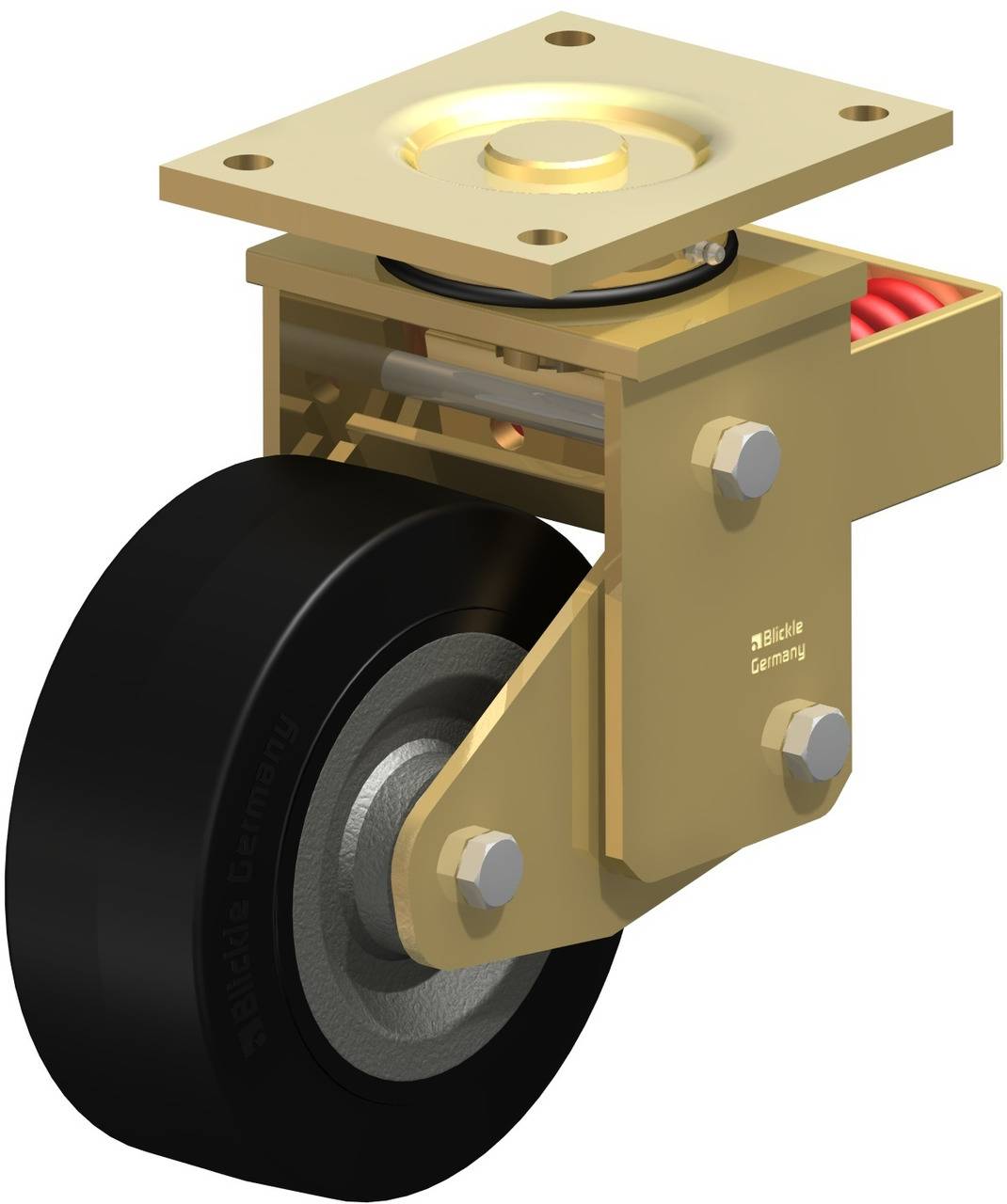 Ein drehbares Transportrollenmodell mit goldfarbenem Gehäuse und schwarzem Rad, ausgestattet für schwere Lastanwendungen.