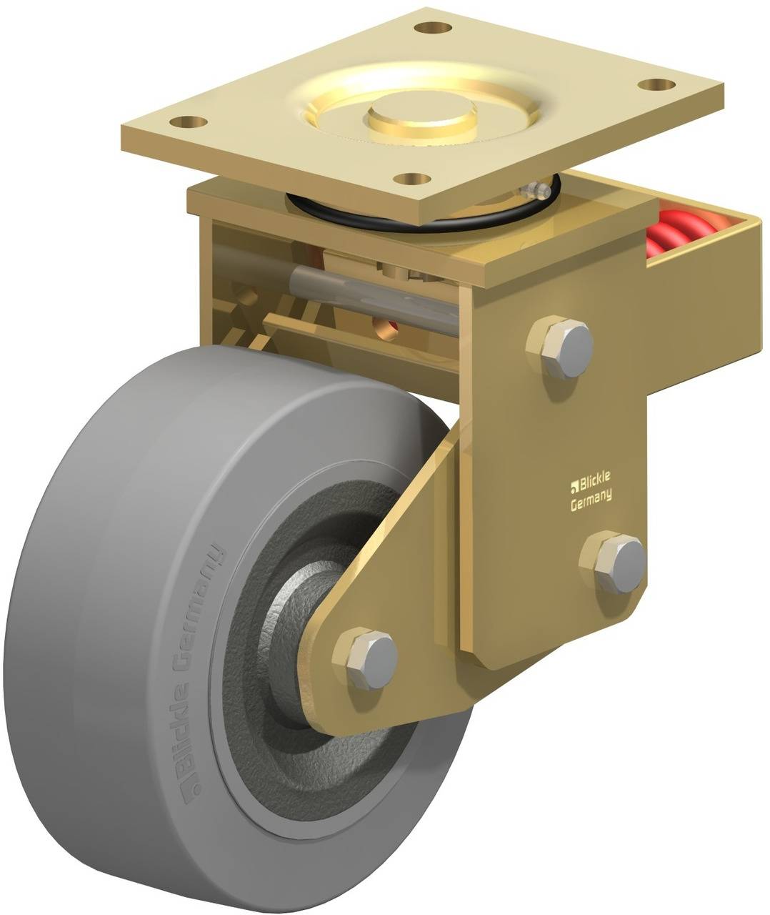 Industrielle Schwerlastrolle in gold, mit detaillierten Schrauben und Federn. Markenname 'Blickle Germany' auf dem Rad sichtbar.