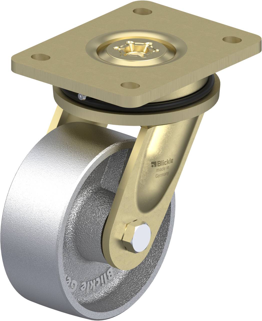 Industrie-Lenkrolle mit flacher Metallplatte, silbernem Rad und goldenem Gehäuse. Markierung 'Blickle Germany'.