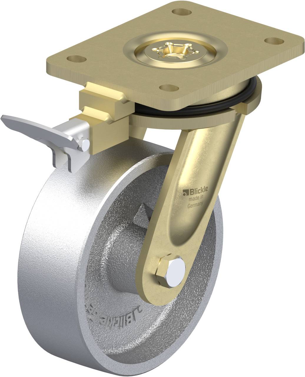 Schwenkrolle mit feststellbarer Bremse und flachem Befestigungsplatte in Gold und Silber. Modellnummer auf dem Rad sichtbar.
