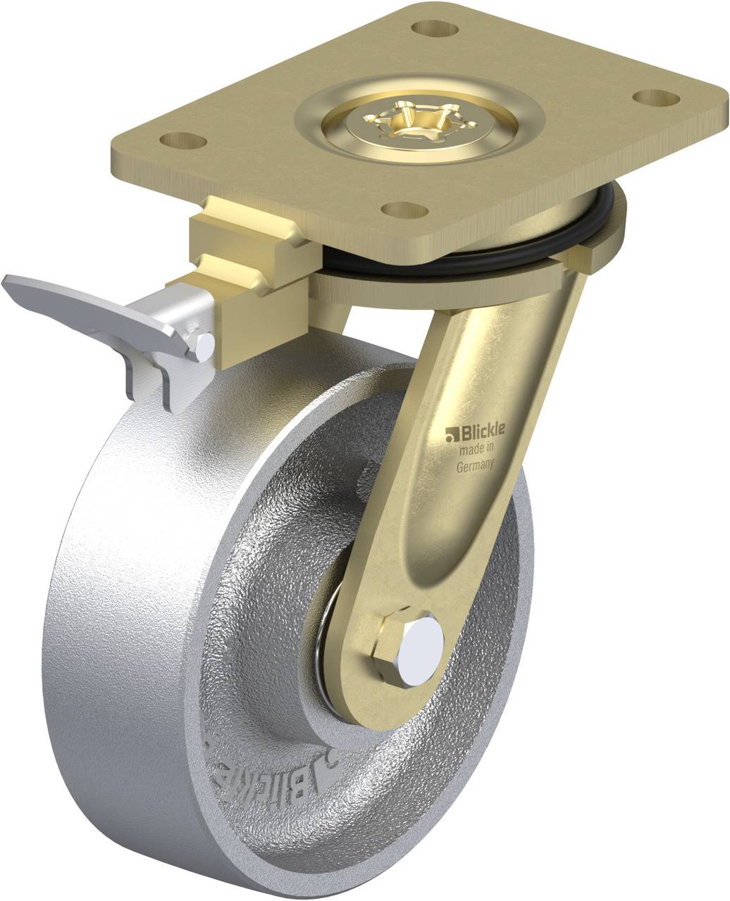 Schwenkrolle mit Bremse, Metallkonstruktion, goldfarbene Befestigungsplatte oben, silbernes Rad unten, Hebel zur Feststellung links.
