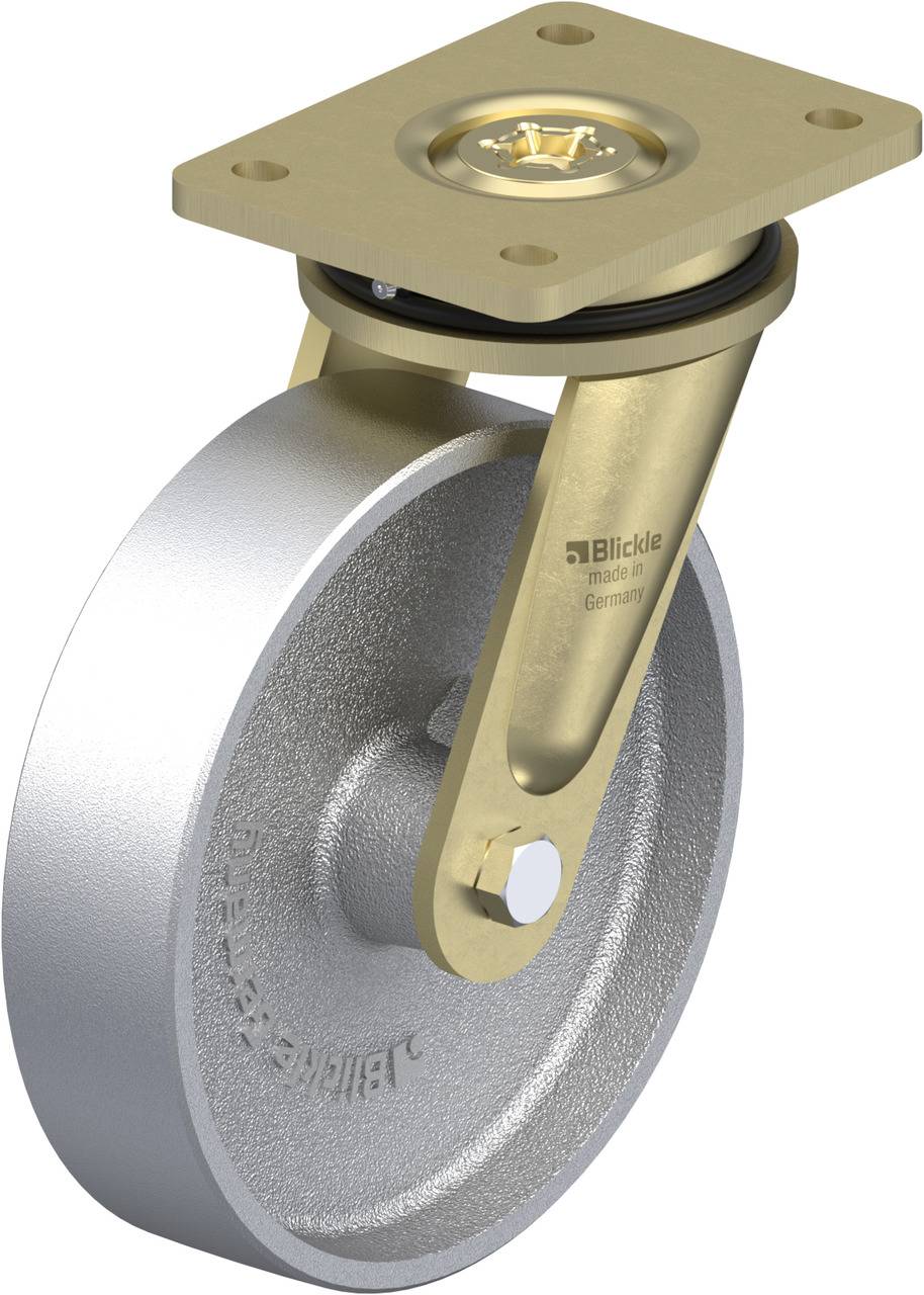 Ein schwerer Radrolle mit silbernem Rad und goldenem Metallgehäuse. Gehäuse oben hat vier Befestigungslöcher.