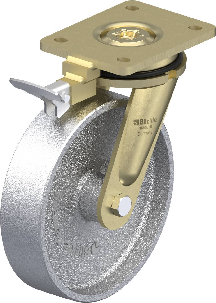 Rollenrad mit grauer Radfläche und goldfarbenem Gehäuse. Seitlich ist eine Bremsvorrichtung erkennbar; Aufschrift 'Blickle, Made in Germany'.