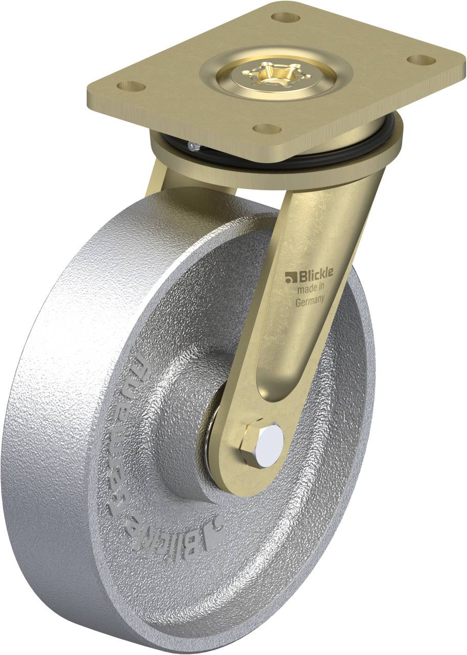 Industrie-Lenkrolle aus Metall mit silbernem Rad und goldenem Halterungsteil, für schwere Lasten geeignet.