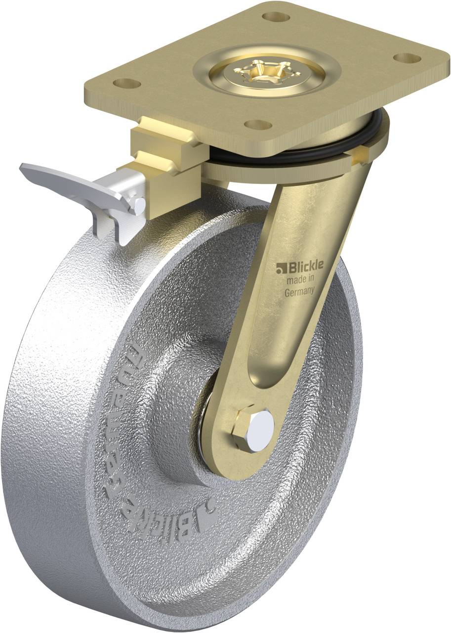 Schwerlastrolle mit goldenem Gehäuse und silbernem Rad, seitlicher Feststeller.