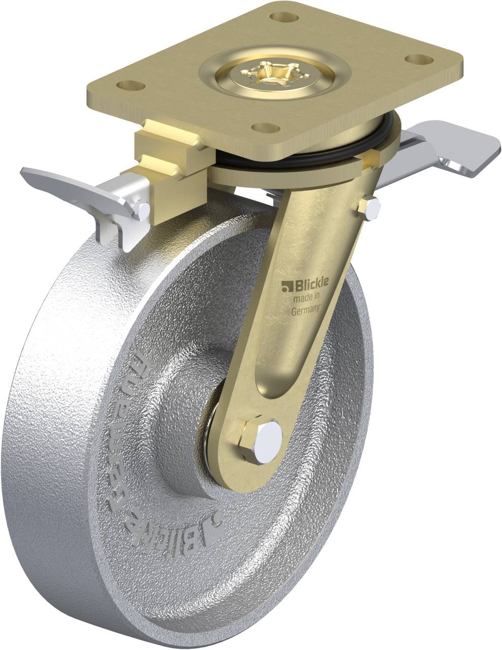 'Metallenes Lenkrollenlager mit einer goldfarbenen Achse und silbernem Rad, geeignet für schwere Lasten. Enthält Markenzeichen 'Blickle'.'