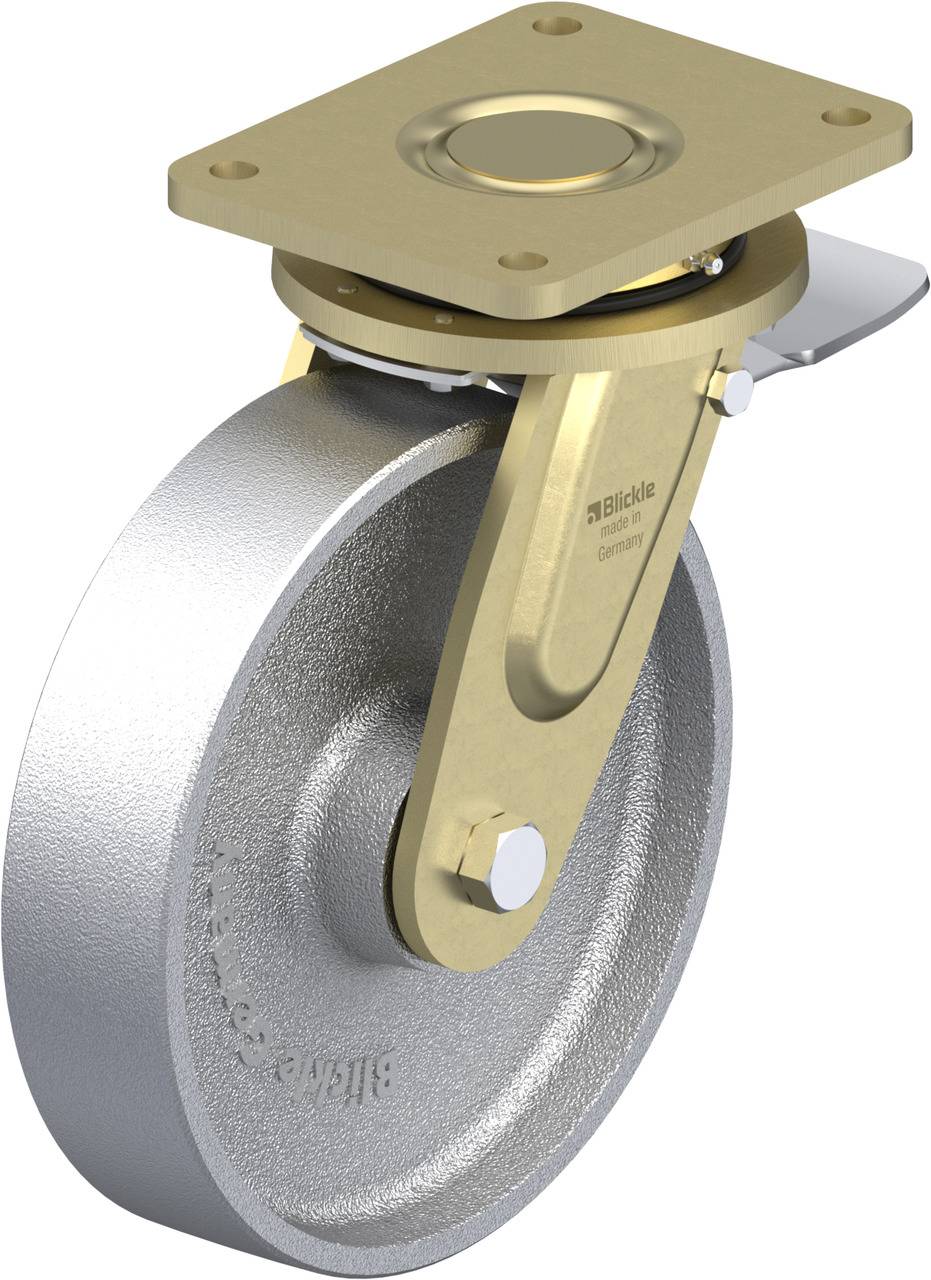 Metallisches Schwenkrollenrad mit eckiger Befestigungsplatte. Das Rad ist silberfarben, die Halterung goldfarben.