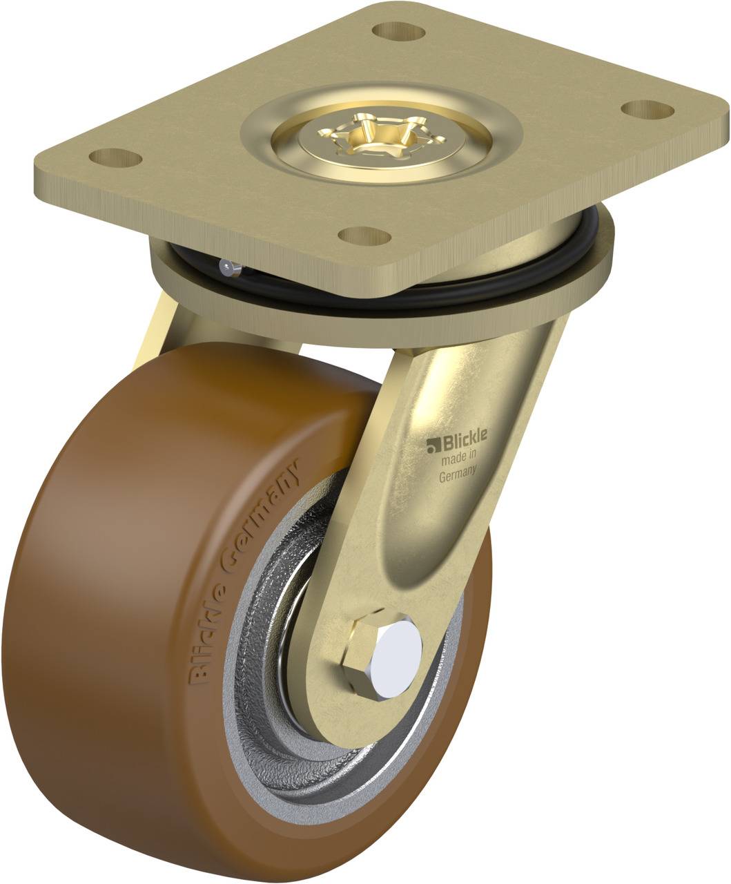 Schwenkrolle mit braunem Rad und goldfarbener Halterung, von Blickle. Eignet sich für Möbel oder Geräte, die Mobilität erfordern.