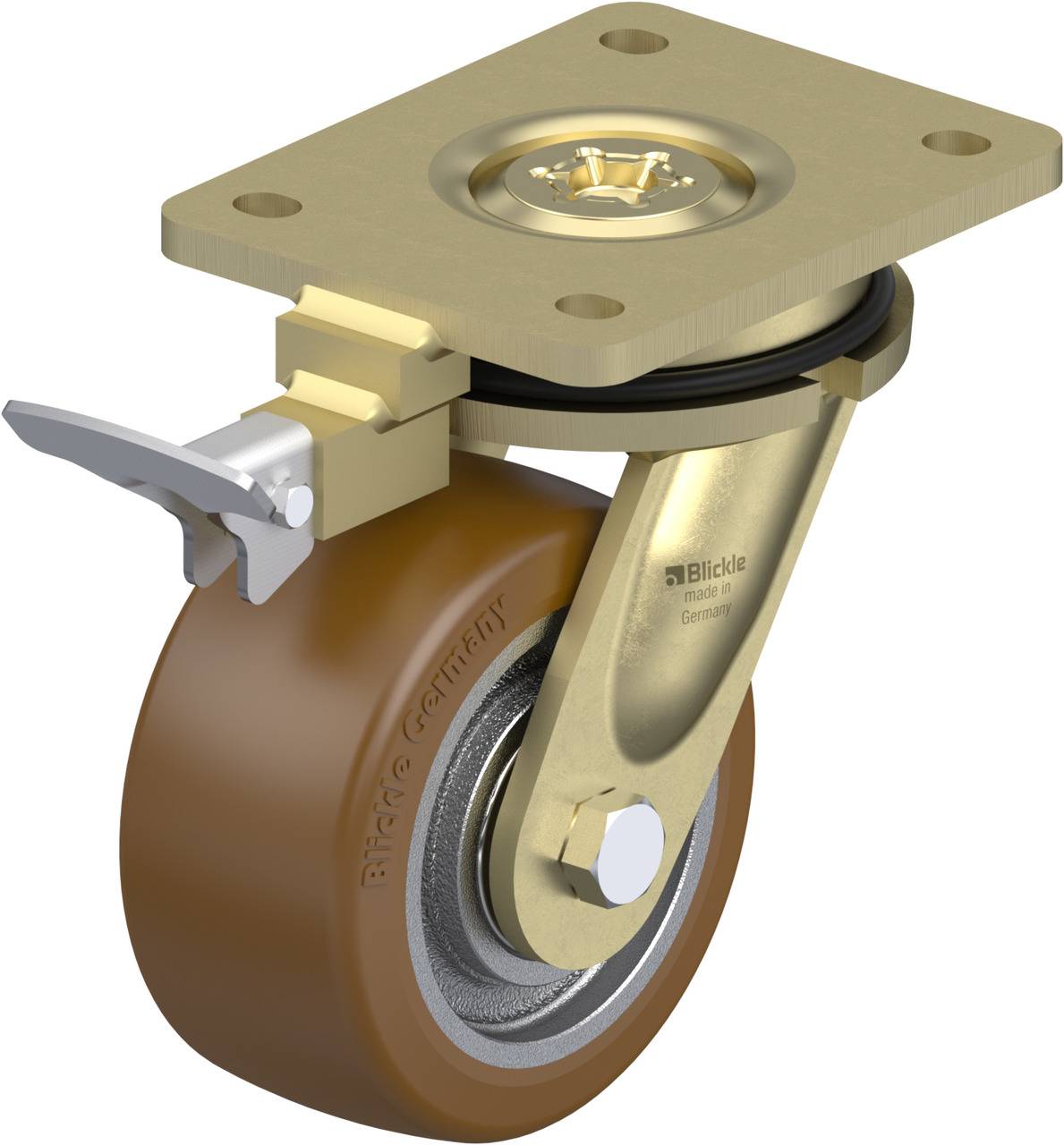 Drehbares Schwerlast-Lenkrolle mit braunem Rad, goldfarbenem Gehäuse und Bremse. Geeignet für industrielle Anwendungen.