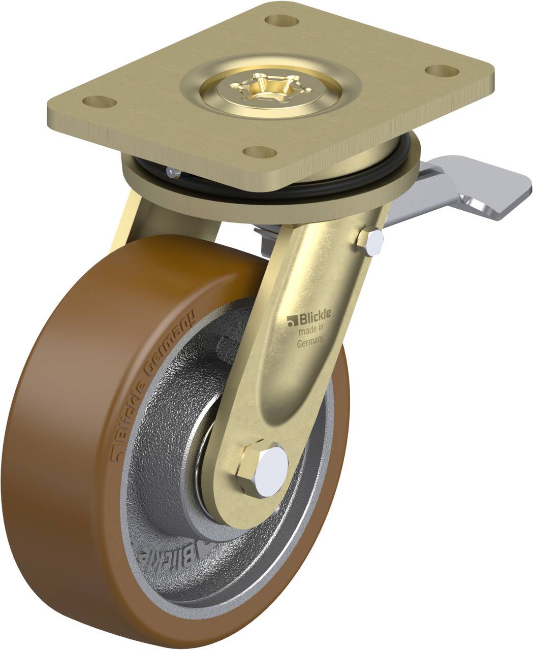 Schwenkrolle aus Metall mit braunem Rad und Befestigungsplatte, ausgestattet mit einem Feststellmechanismus.