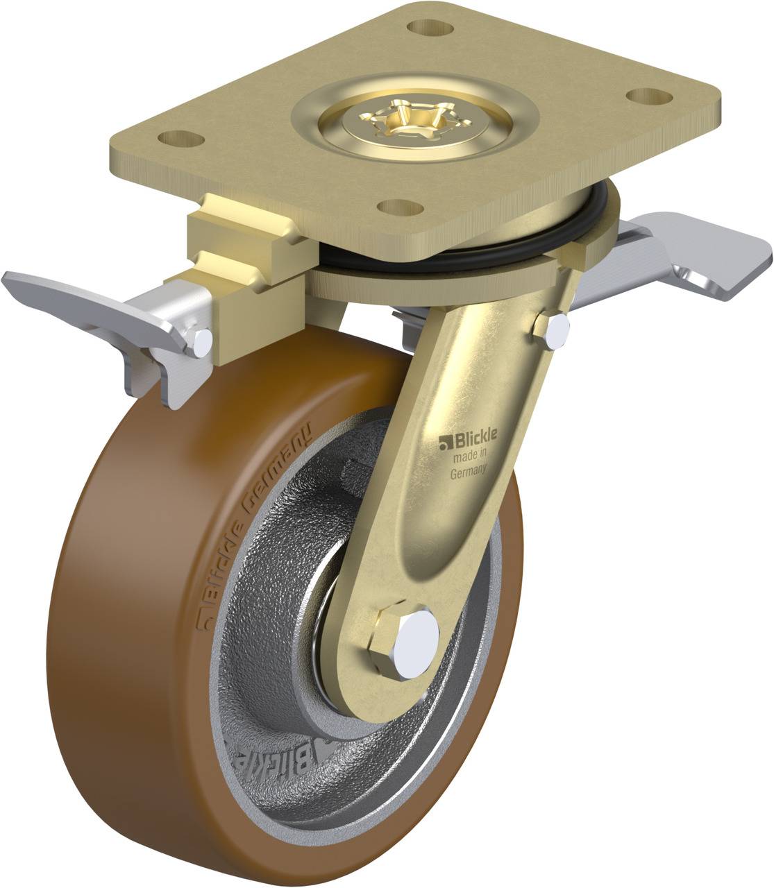 Schwenkrolle mit goldener Halterung und braunem Rad. Geeignet für industrielle Anwendungen zur einfachen Bewegung von Geräten.