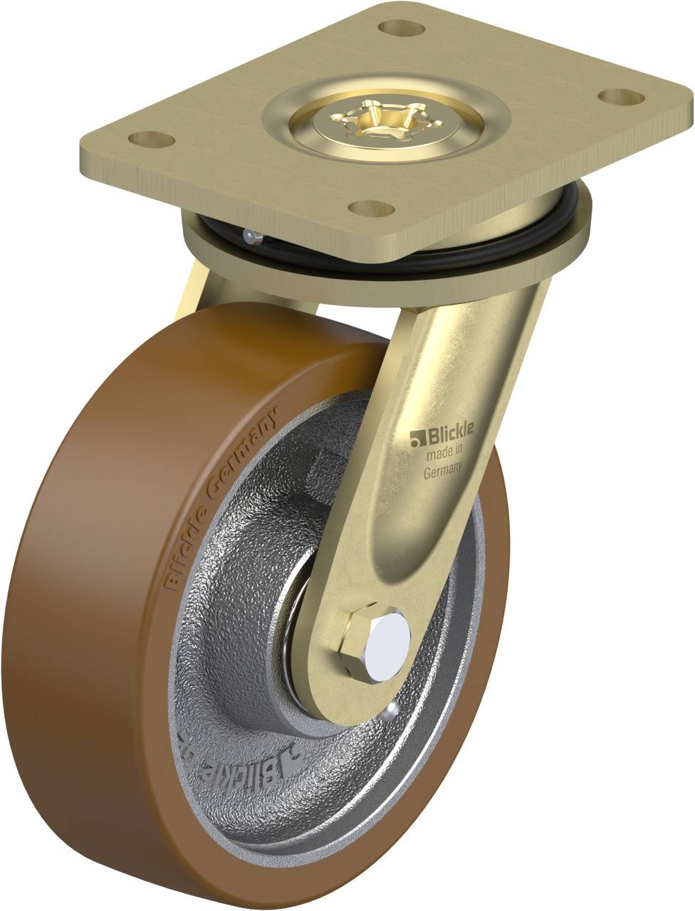 Ein drehbares Bockrad aus Metall mit einer braunen Gummilauffläche, geeignet für industrielle Anwendungen.
