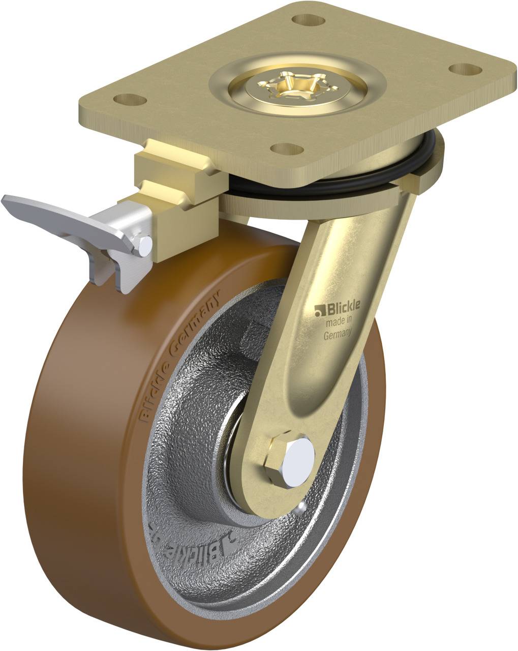 Gelenkrolle mit braunem Rad, goldener Halterung und Bremse, geeignet für schwere Lasten auf glatten Böden.