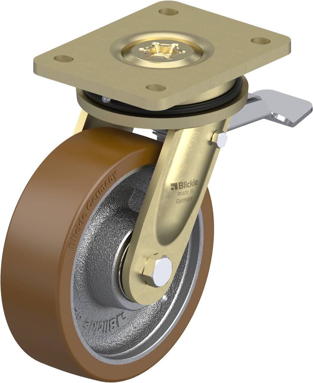 Ein Rollenrad mit Befestigungsplatte und Bremse. Goldene Hardware und brauner Gummireifen, geeignet für Transportwagen.