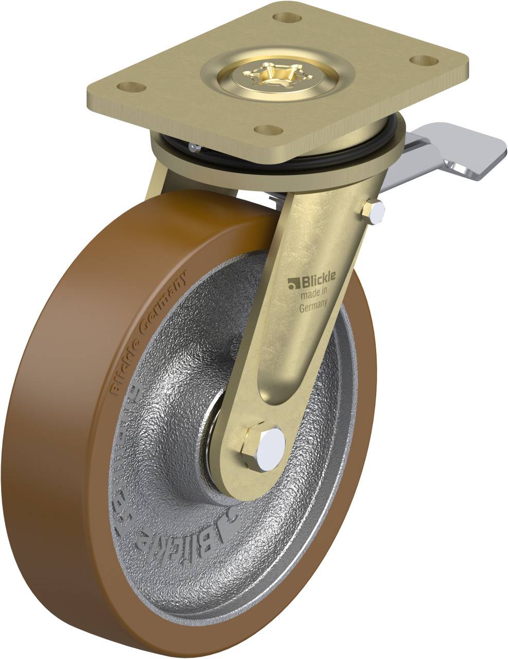 Industrie-Rolle mit braunem Rad und Metallhalterung, geeignet für Transportwagen oder Geräte.