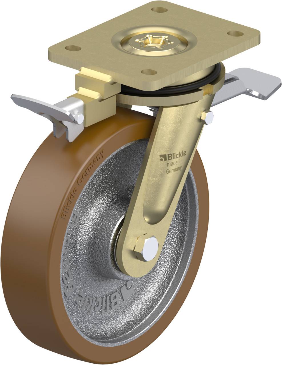 Schwenkrolle mit feststellbarer Bremse an einer Metallplatte; Rad besteht aus Metall und Gummi; Aufschrift: Blickle, Made in Germany.