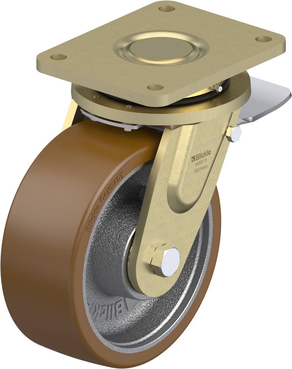 Ein stabiles Schwenkrad aus Metall mit brauner Rolle und Befestigungsplatte, geeignet für industrielle Anwendungen und schwere Lasten.