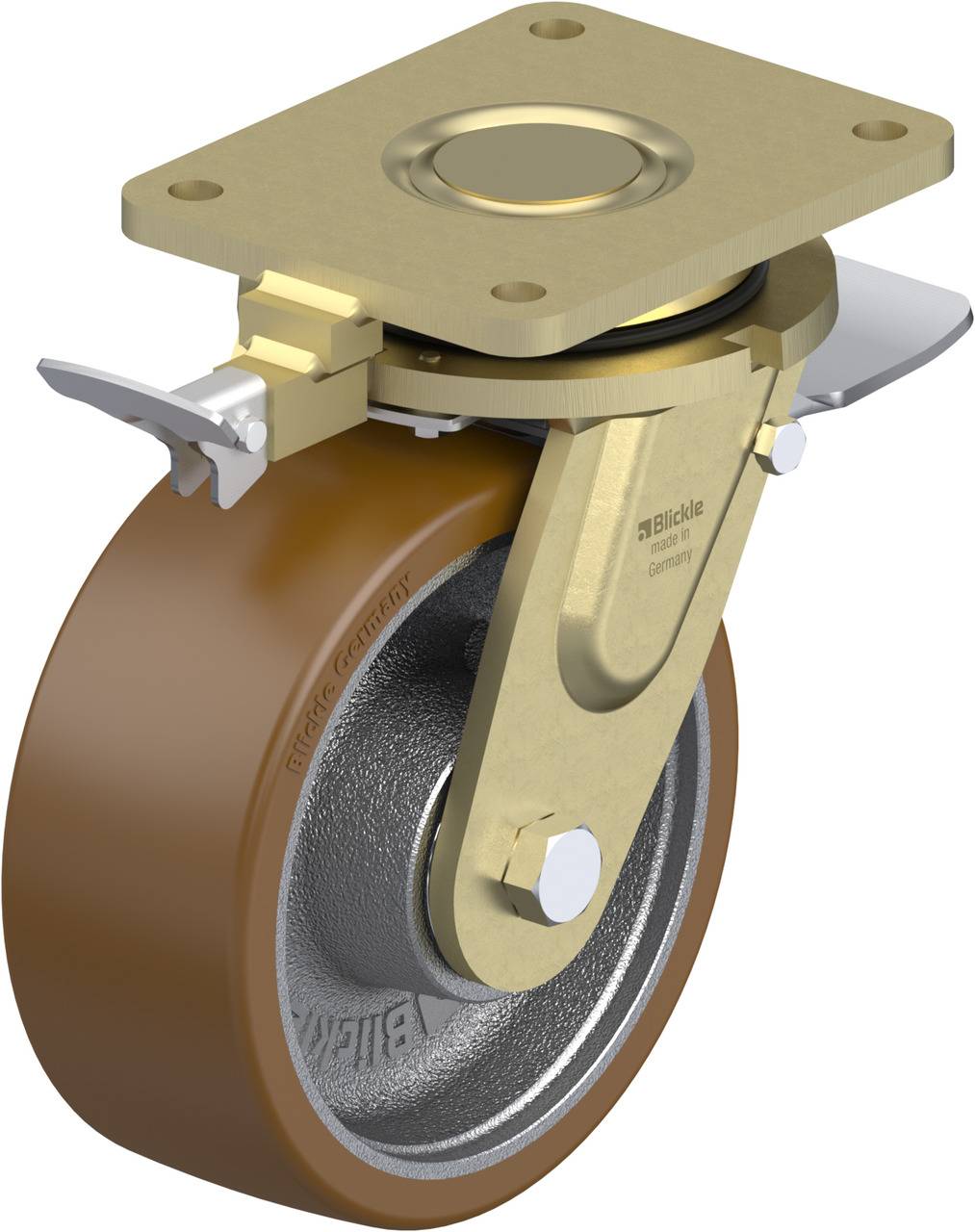 Schwenkrolle aus Metall mit braunem Rad und Befestigungsplatte, ideal für Schwerlastanwendungen.